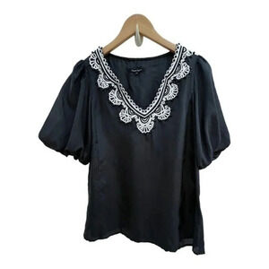 Nanette Lepore Silk Blouse‎ Embroidered Beaded V-neck Balloon Sleeves Size 2​​